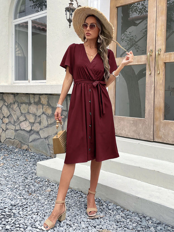 Dress- Solid Surplice V-Neck Buttoned Tie-Waist Dress- - Pekosa Women Clothing