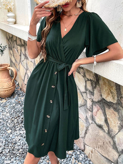 Dress- Solid Surplice V-Neck Buttoned Tie-Waist Dress- - Pekosa Women Clothing