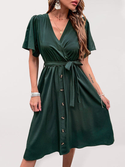 Dress- Solid Surplice V-Neck Buttoned Tie-Waist Dress- Green black jasper- Pekosa Women Clothing