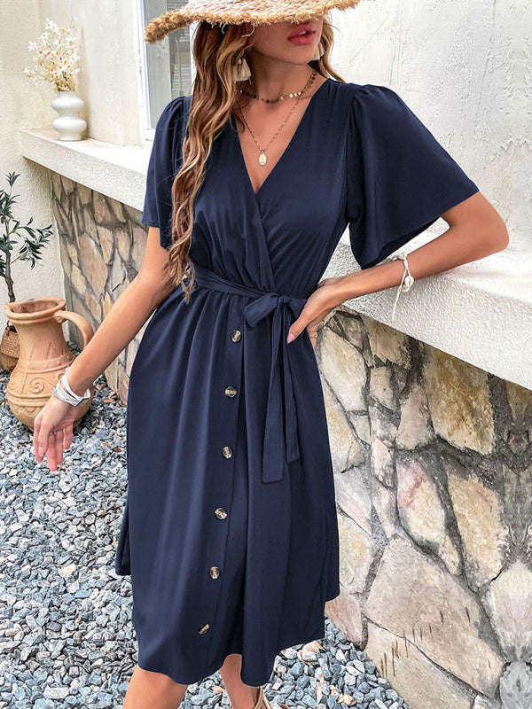 Dress- Solid Surplice V-Neck Buttoned Tie-Waist Dress- - Pekosa Women Clothing