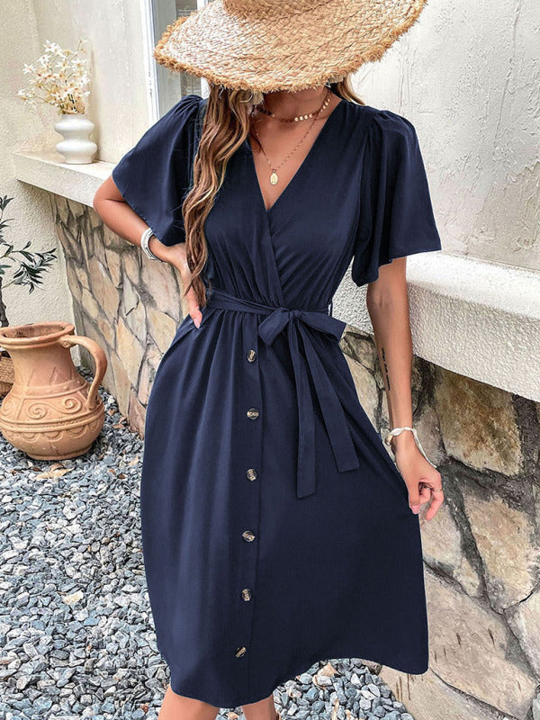 Dress- Solid Surplice V-Neck Buttoned Tie-Waist Dress- - Pekosa Women Clothing