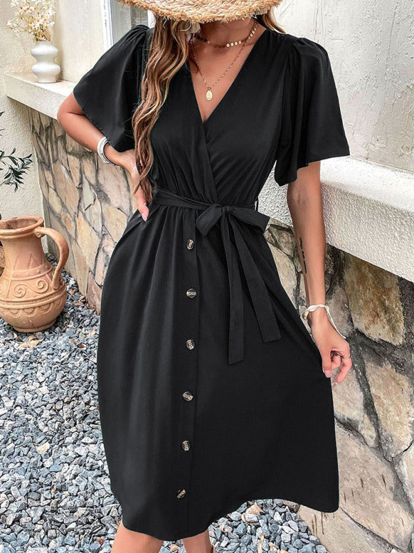 Dress- Solid Surplice V-Neck Buttoned Tie-Waist Dress- - Pekosa Women Clothing