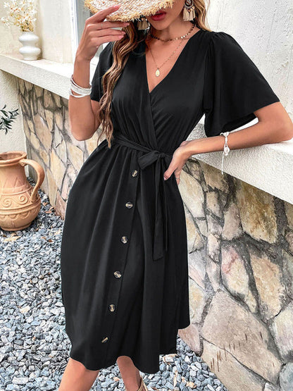 Dress- Solid Surplice V-Neck Buttoned Tie-Waist Dress- - Pekosa Women Clothing