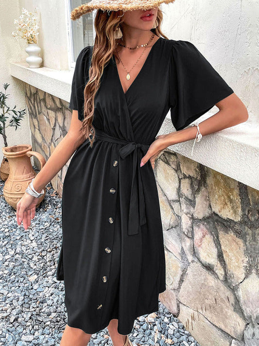 Dress- Solid Surplice V-Neck Buttoned Tie-Waist Dress- Black- Pekosa Women Clothing