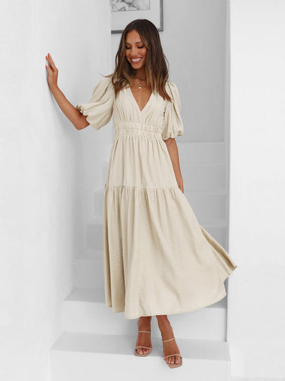 Dress- Solid Tiered Florwy Surplice V-Neck Maxi Dress with Puff Sleeves- - Pekosa Women Clothing