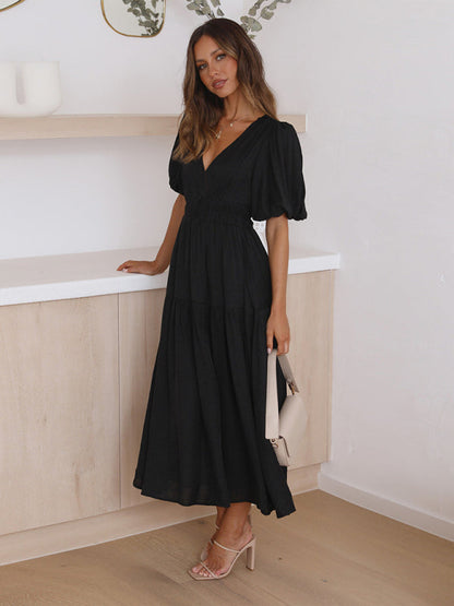 Dress- Solid Tiered Florwy Surplice V-Neck Maxi Dress with Puff Sleeves- - Pekosa Women Clothing