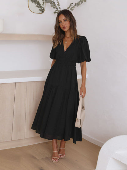 Dress- Solid Tiered Florwy Surplice V-Neck Maxi Dress with Puff Sleeves- - Pekosa Women Clothing