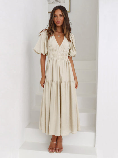 Dress- Solid Tiered Florwy Surplice V-Neck Maxi Dress with Puff Sleeves- Beige Khaki- Pekosa Women Clothing