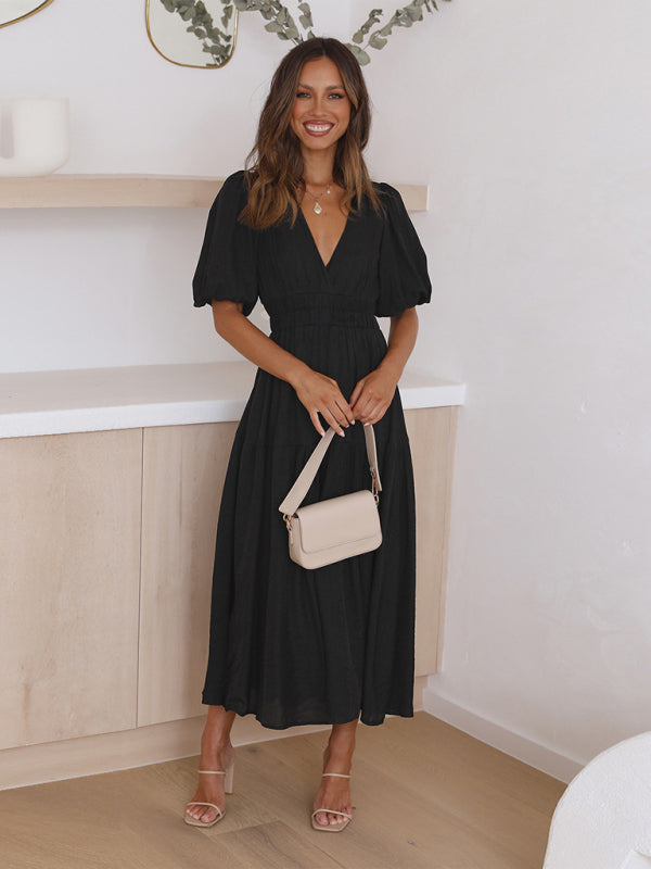 Dress- Solid Tiered Florwy Surplice V-Neck Maxi Dress with Puff Sleeves- Black- Pekosa Women Clothing