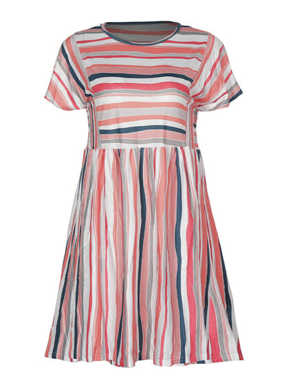 Dress- Stripe Print Round Neck Short Sleeve Mini Dress- - Pekosa Women Clothing