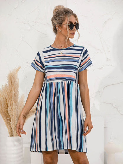 Dress- Stripe Print Round Neck Short Sleeve Mini Dress- - Pekosa Women Clothing