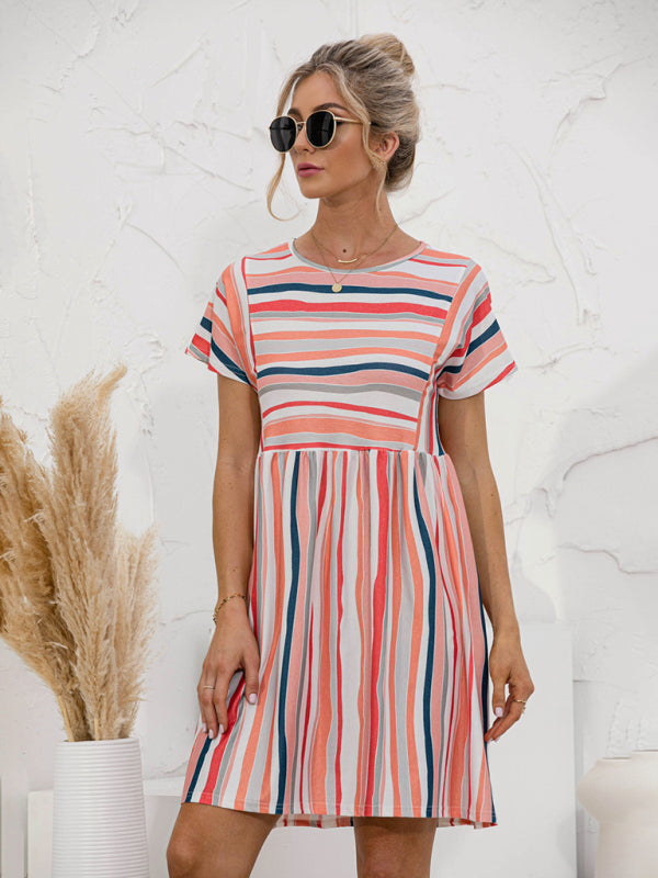 Dress- Stripe Print Round Neck Short Sleeve Mini Dress- - Pekosa Women Clothing