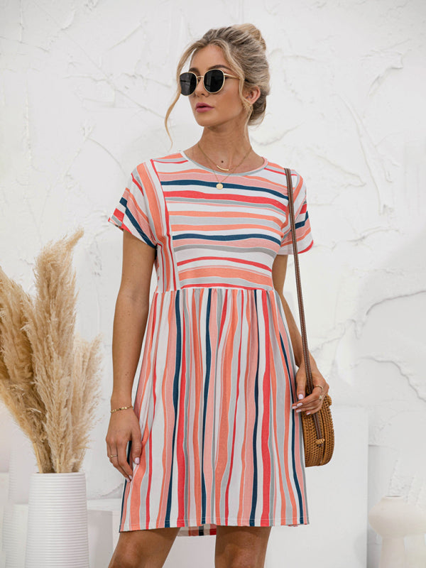 Dress- Stripe Print Round Neck Short Sleeve Mini Dress- - Pekosa Women Clothing