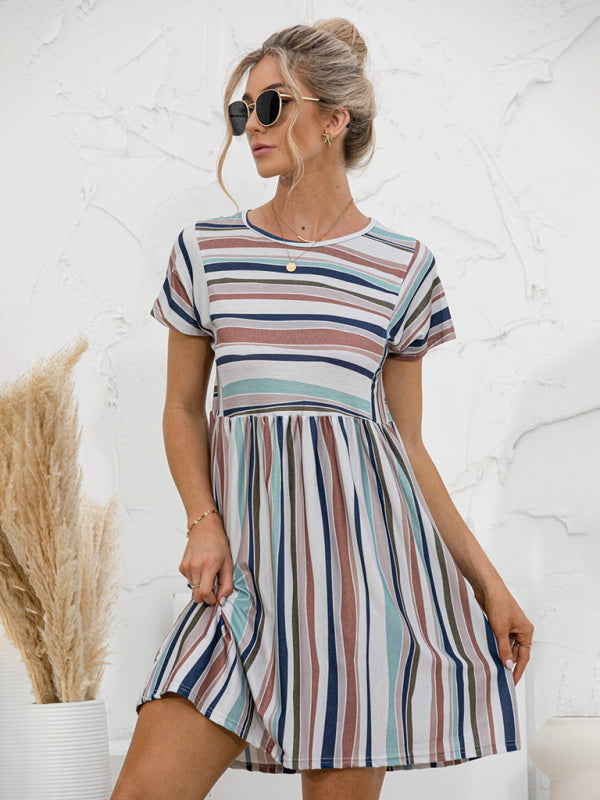 Dress- Stripe Print Round Neck Short Sleeve Mini Dress- - Pekosa Women Clothing