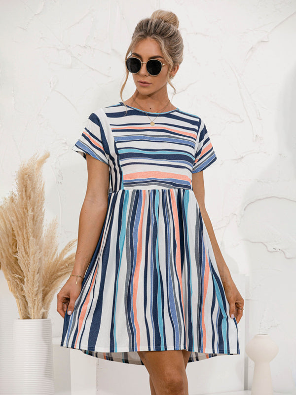 Dress- Stripe Print Round Neck Short Sleeve Mini Dress- - Pekosa Women Clothing