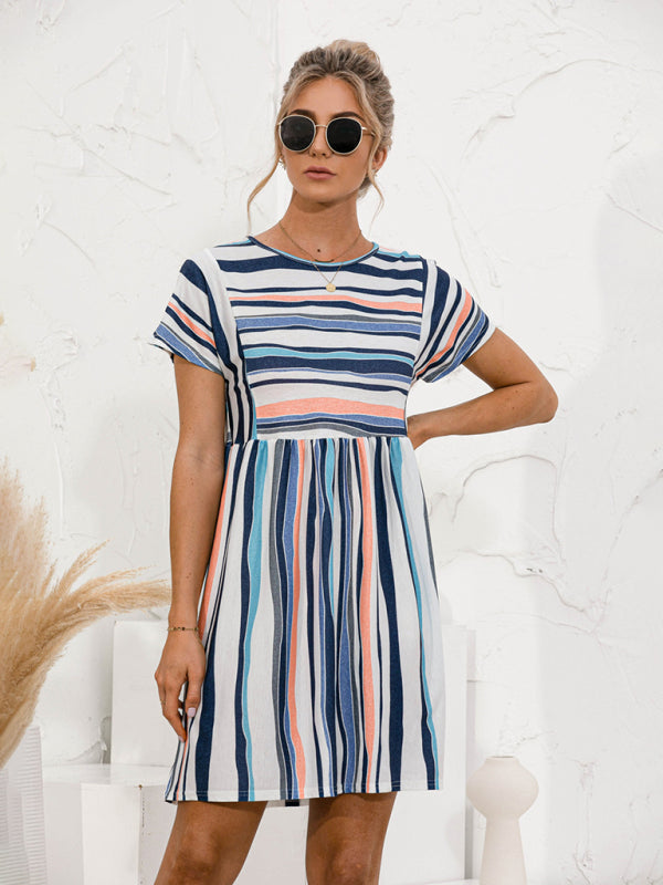 Dress- Stripe Print Round Neck Short Sleeve Mini Dress- - Pekosa Women Clothing