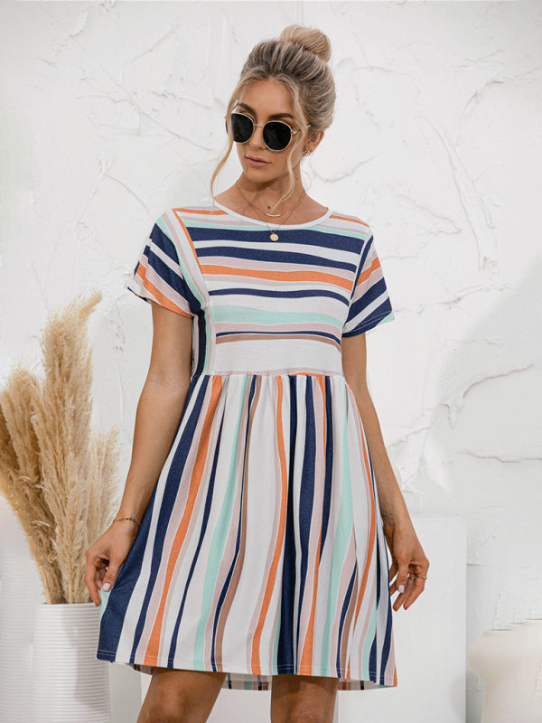 Dress- Stripe Print Round Neck Short Sleeve Mini Dress- - Pekosa Women Clothing