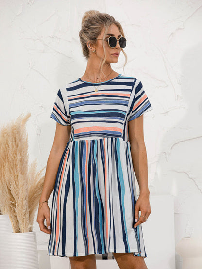 Dress- Stripe Print Round Neck Short Sleeve Mini Dress- - Pekosa Women Clothing