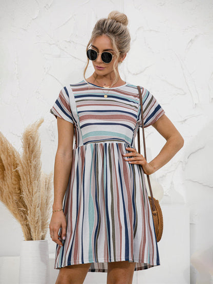 Dress- Stripe Print Round Neck Short Sleeve Mini Dress- - Pekosa Women Clothing