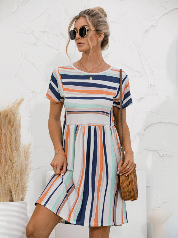 Dress- Stripe Print Round Neck Short Sleeve Mini Dress- Orange- Pekosa Women Clothing