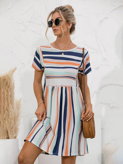 Dress- Stripe Print Round Neck Short Sleeve Mini Dress- Orange- Pekosa Women Clothing