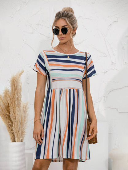 Dress- Stripe Print Round Neck Short Sleeve Mini Dress- - Pekosa Women Clothing