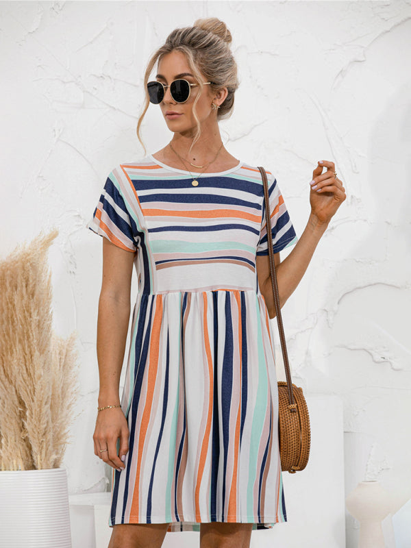 Dress- Stripe Print Round Neck Short Sleeve Mini Dress- - Pekosa Women Clothing