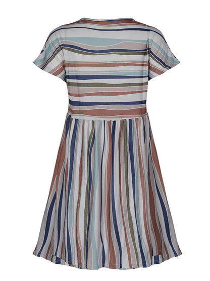 Dress- Stripe Print Round Neck Short Sleeve Mini Dress- - Pekosa Women Clothing