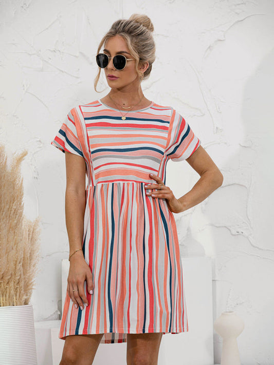 Dress- Stripe Print Round Neck Short Sleeve Mini Dress- Pink- Pekosa Women Clothing