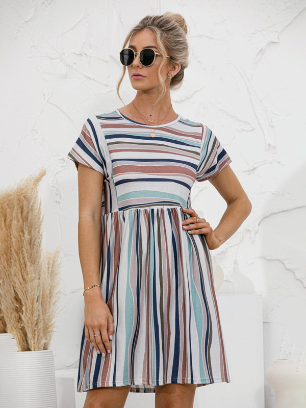 Dress- Stripe Print Round Neck Short Sleeve Mini Dress- - Pekosa Women Clothing