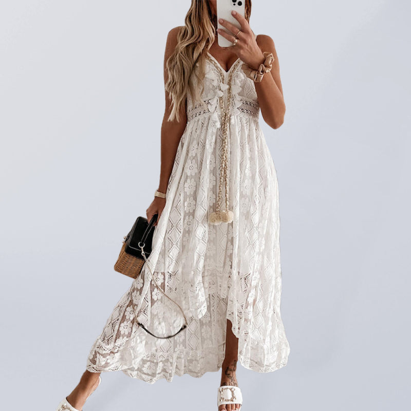 Dress- Stunning Lace Cami Maxi Dress - Perfect for Vacations- Cream- Pekosa Women Clothing