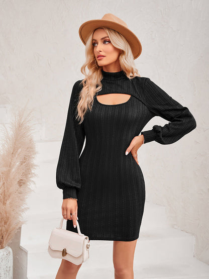 Dress- Sultry Sophistication: Women's Bodycon Cut Out Sweater Mini Dress- - Pekosa Women Clothing