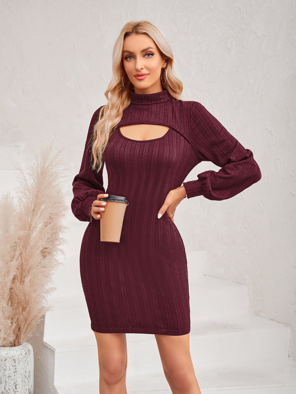 Dress- Sultry Sophistication: Women's Bodycon Cut Out Sweater Mini Dress- - Pekosa Women Clothing