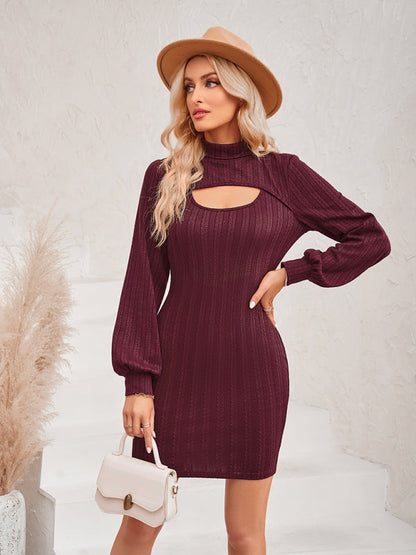 Dress- Sultry Sophistication: Women's Bodycon Cut Out Sweater Mini Dress- Wine Red- Pekosa Women Clothing