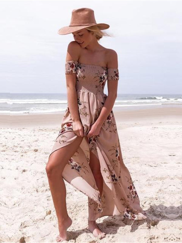 Dress- Summer Floral Print Off-Shoulder Maxi Dress- Khaki- Pekosa Women Clothing