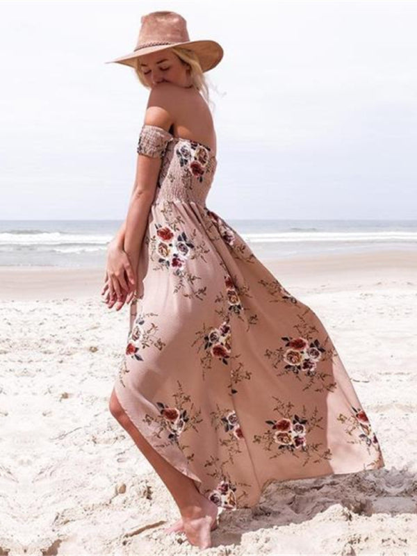 Dress- Summer Floral Print Off-Shoulder Maxi Dress- - Pekosa Women Clothing