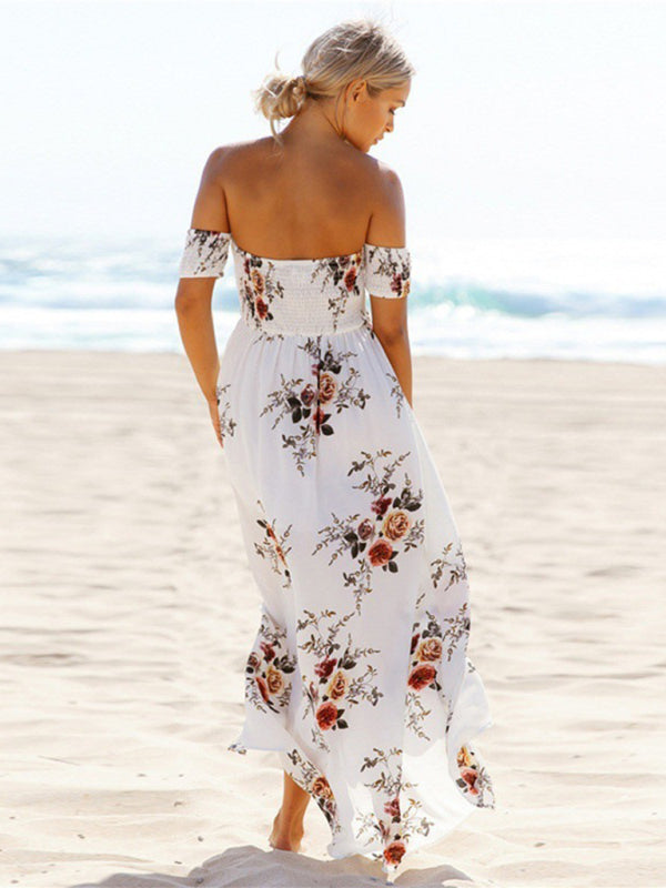 Dress- Summer Floral Print Off-Shoulder Maxi Dress- - Pekosa Women Clothing