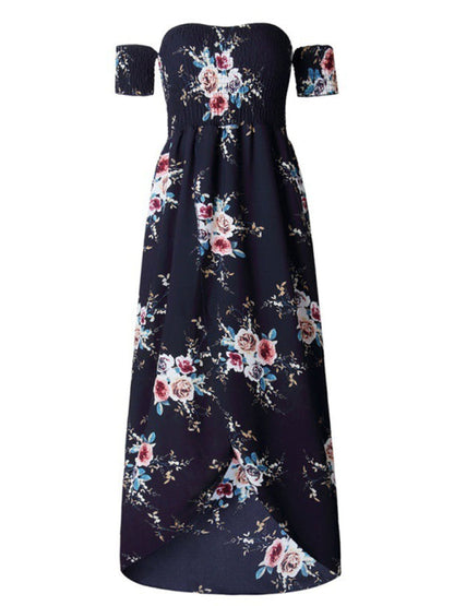 Dress- Summer Floral Print Off-Shoulder Maxi Dress- - Pekosa Women Clothing