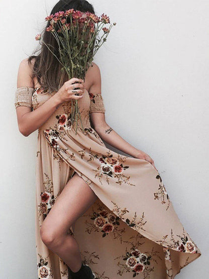 Dress- Summer Floral Print Off-Shoulder Maxi Dress- - Pekosa Women Clothing