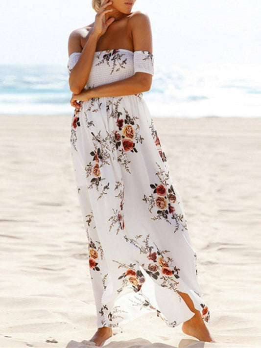 Dress- Summer Floral Print Off-Shoulder Maxi Dress- White- Pekosa Women Clothing