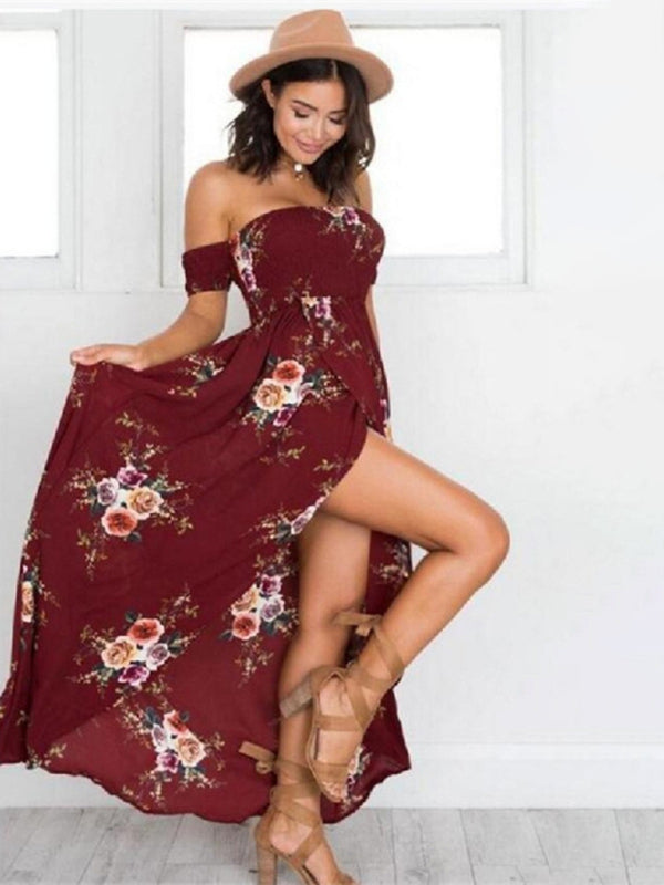 Dress- Summer Floral Print Off-Shoulder Maxi Dress- Wine Red- Pekosa Women Clothing