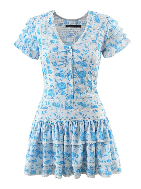 Dress- Summer Floral Smocked Ruffle Tiered Mini Dress- - Pekosa Women Clothing