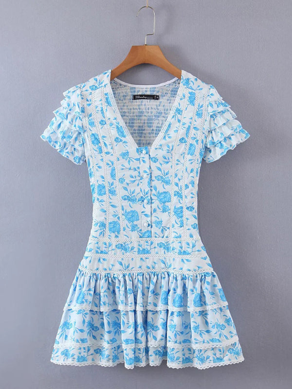 Dress- Summer Floral Smocked Ruffle Tiered Mini Dress- - Pekosa Women Clothing