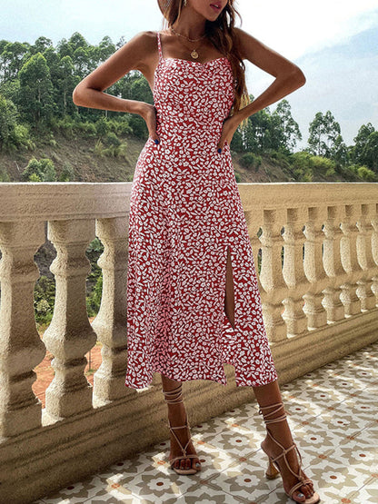 Dress- Summer Lovin': Floral Print Cami Midi Dress with High Slit Side- Wine Red- Pekosa Women Clothing