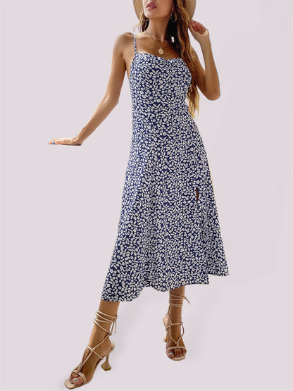 Dress- Summer Lovin': Floral Print Cami Midi Dress with High Slit Side- Blue- Pekosa Women Clothing