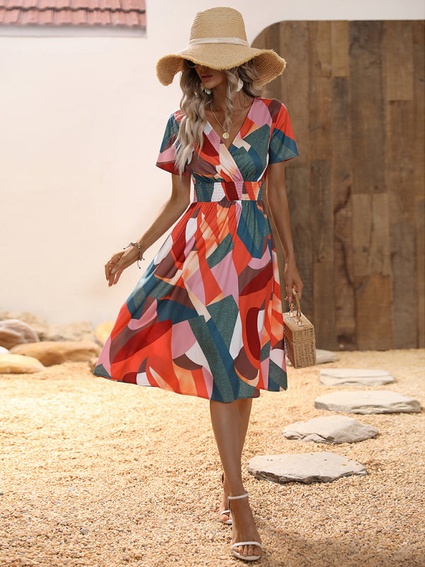 Dress- Summer Print Dress wtih A-Line Surplice V-Neck and Smocked Waist- - Pekosa Women Clothing