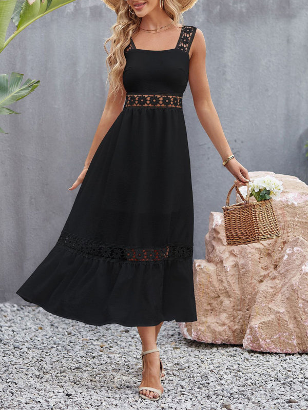 Dress- Summer Solid Lace Accents Ruffle Hem Cami Midi Dress- - Pekosa Women Clothing