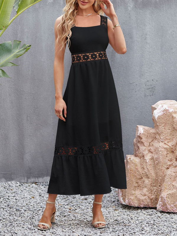 Dress- Summer Solid Lace Accents Ruffle Hem Cami Midi Dress- - Pekosa Women Clothing