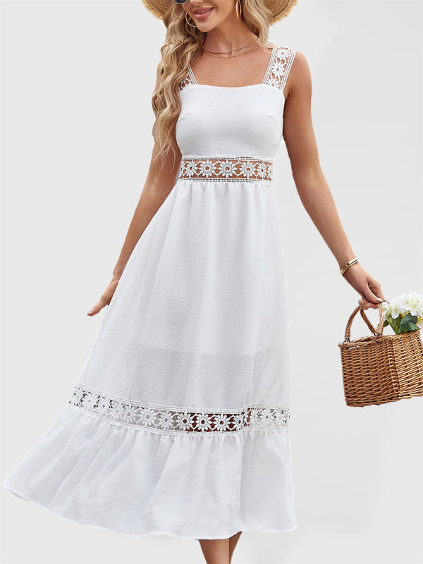 Dress- Summer Solid Lace Accents Ruffle Hem Cami Midi Dress- White- Pekosa Women Clothing