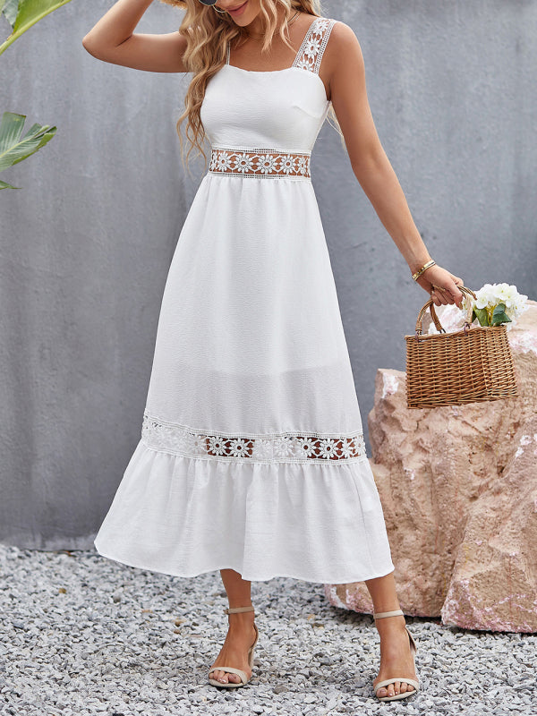 Dress- Summer Solid Lace Accents Ruffle Hem Cami Midi Dress- - Pekosa Women Clothing